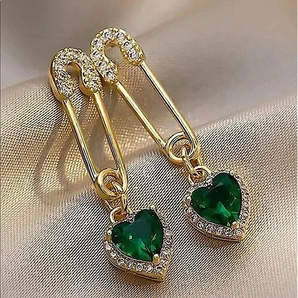 Safety Pin Drops with Emerald Heart Accent